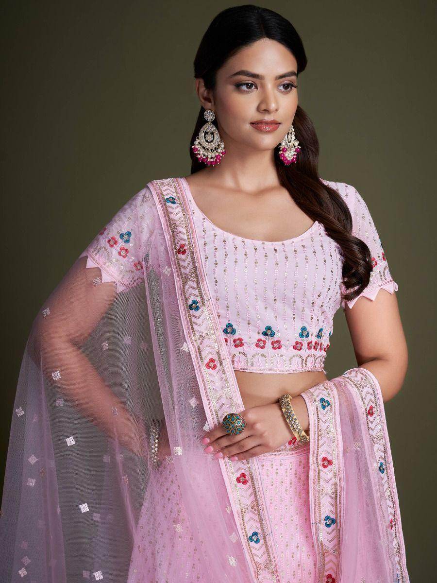 Charming Light Pink Embroidery Georgette Designer Lehenga Choli - Zeel Clothing