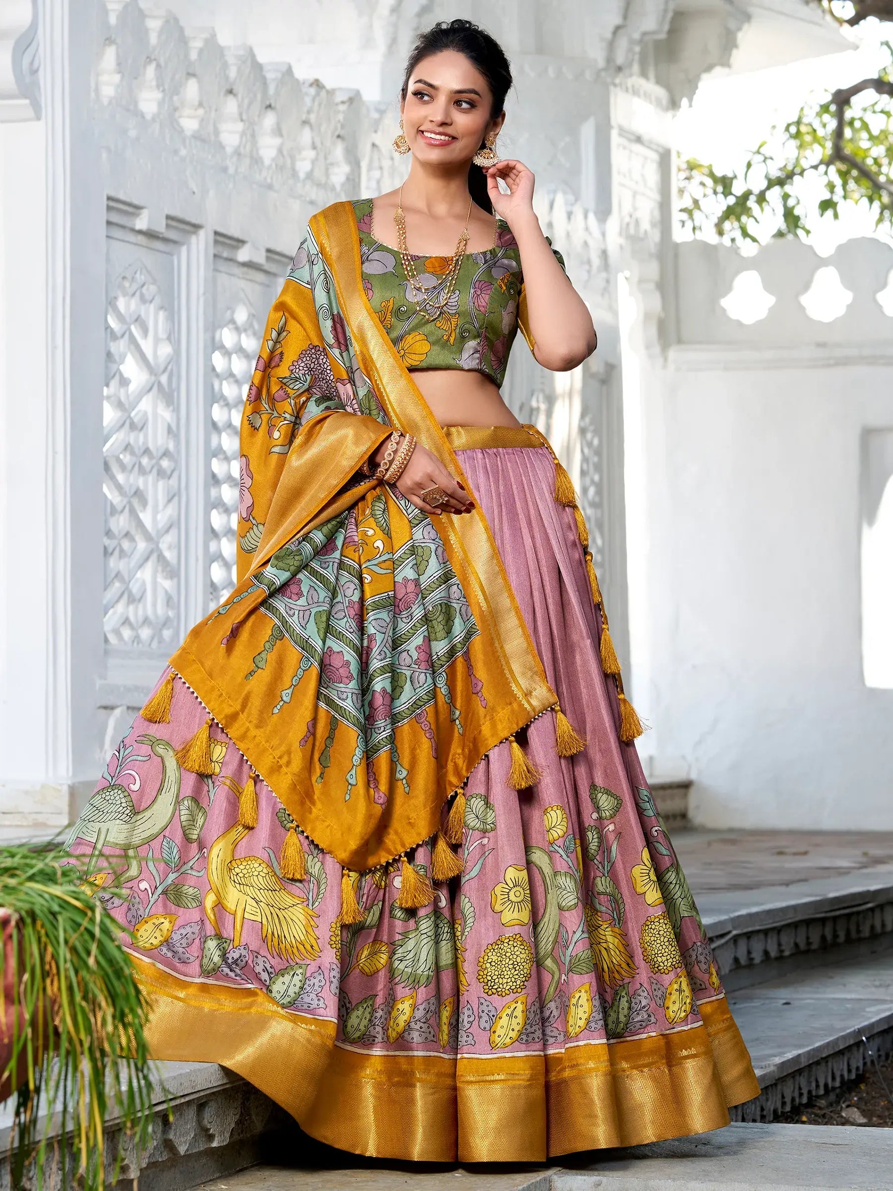 Charming Lilac Kalamkari Printed Silk Traditional Lehenga Choli - Zeel Clothing