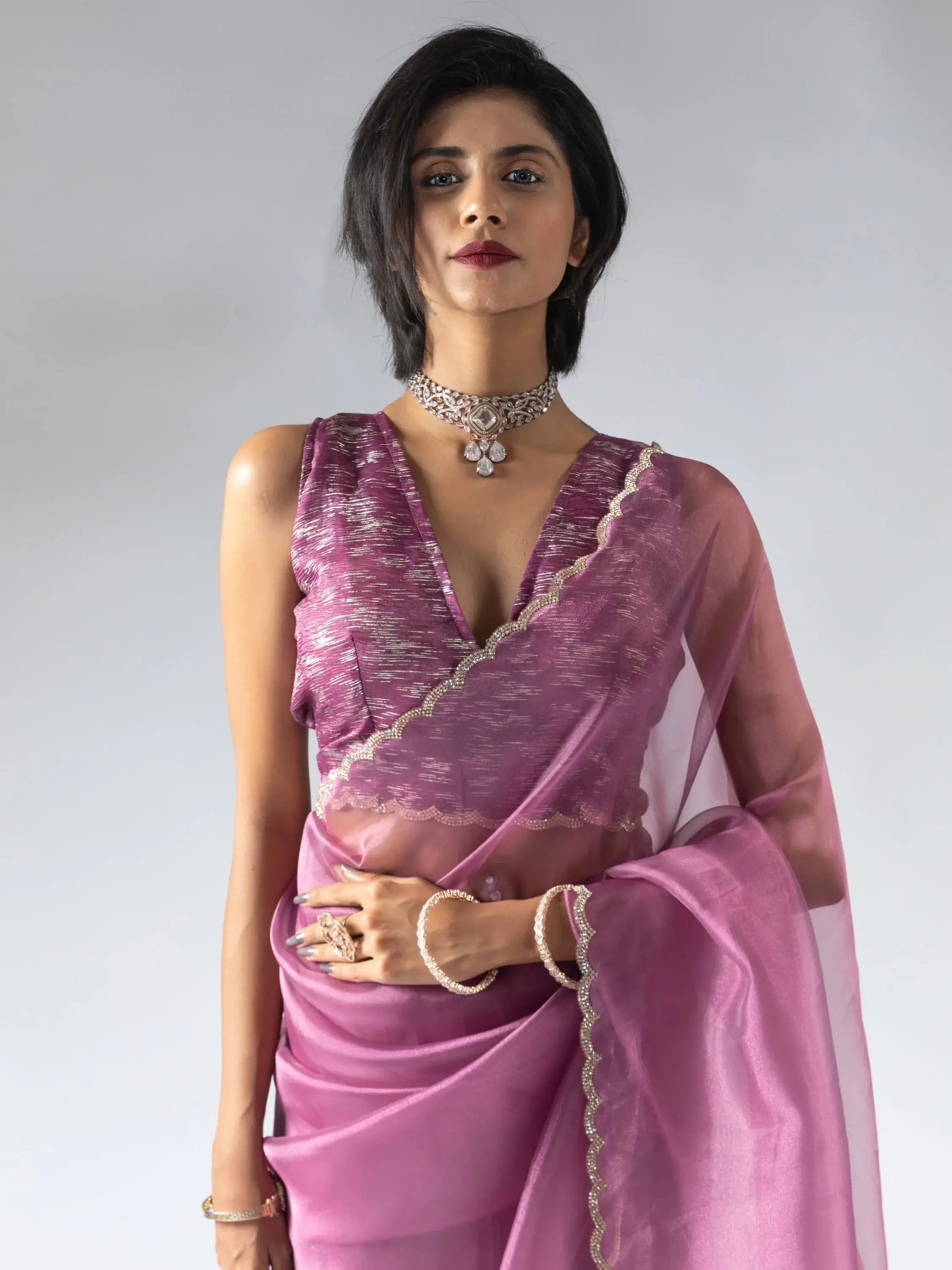 Charming Magenta Border Work Organza Pre-Stitched Saree With Blouse - Zeel Clothing