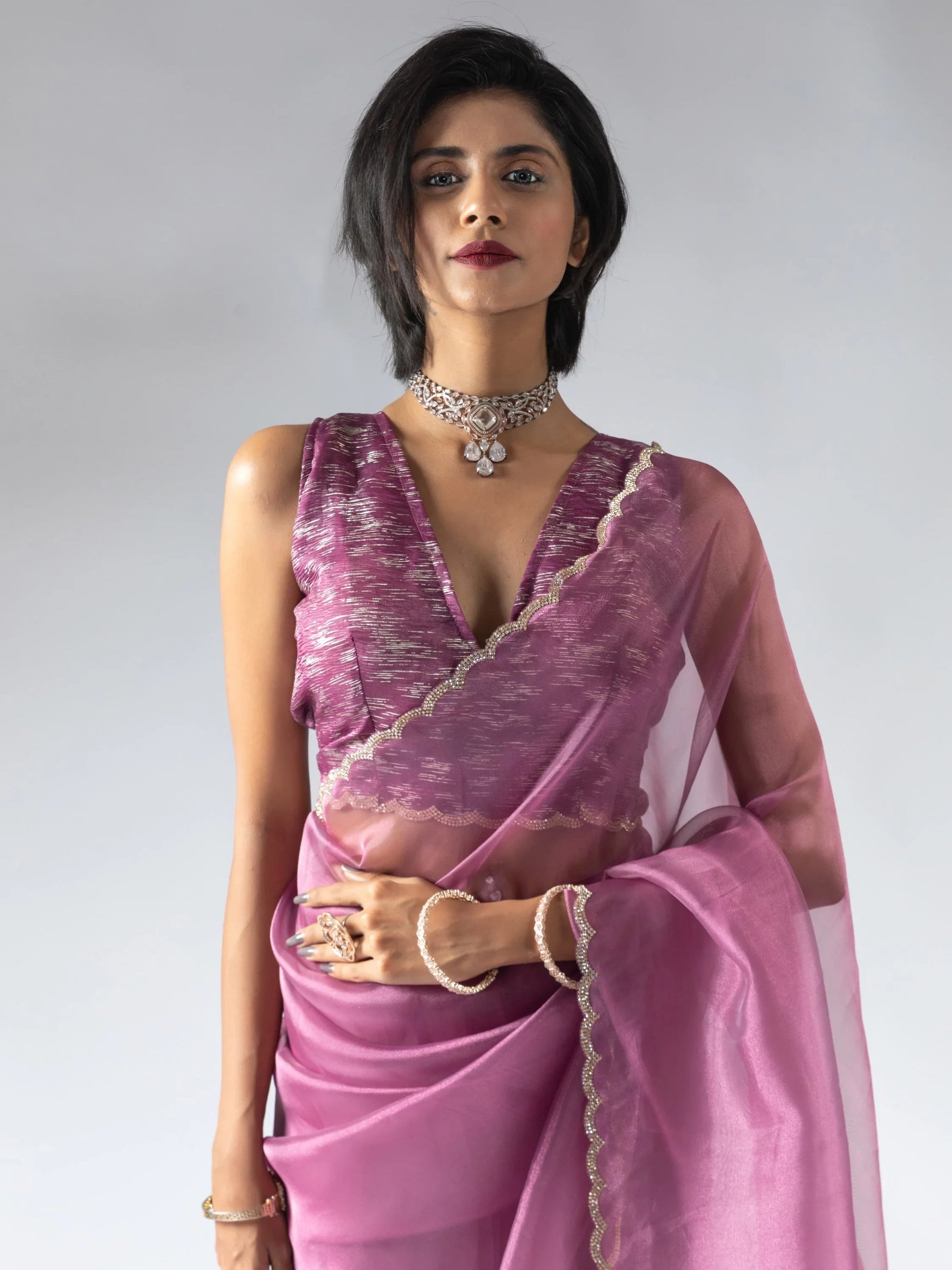Charming Magenta Border Work Organza Pre-Stitched Saree With Blouse - Zeel Clothing