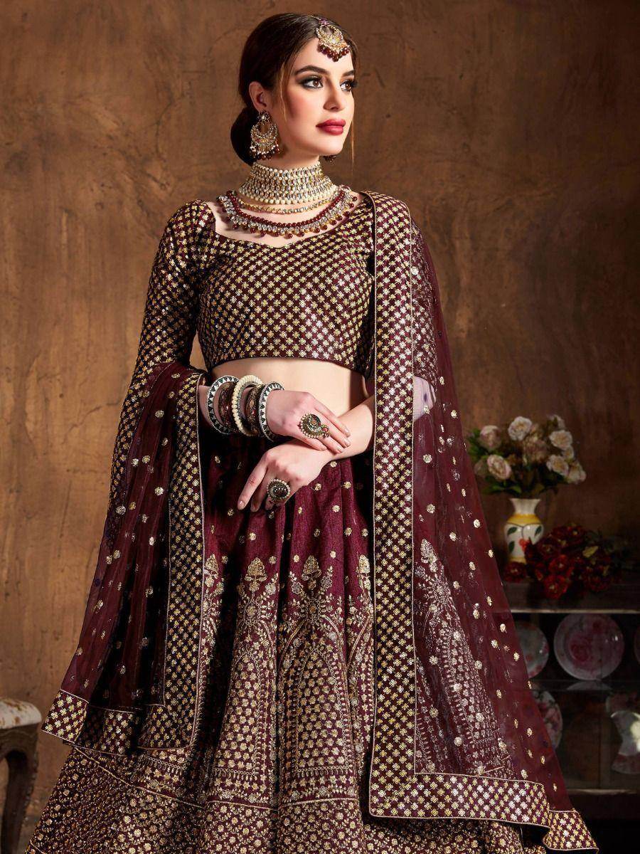 Charming Maroon Sequins Raw Silk Reception Wear Lehenga Choli - Zeel Clothing