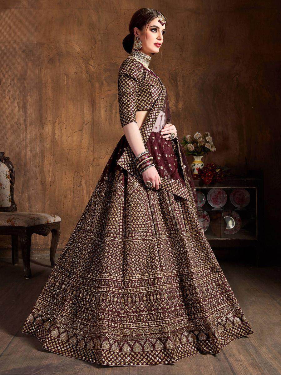 Charming Maroon Sequins Raw Silk Reception Wear Lehenga Choli - Zeel Clothing