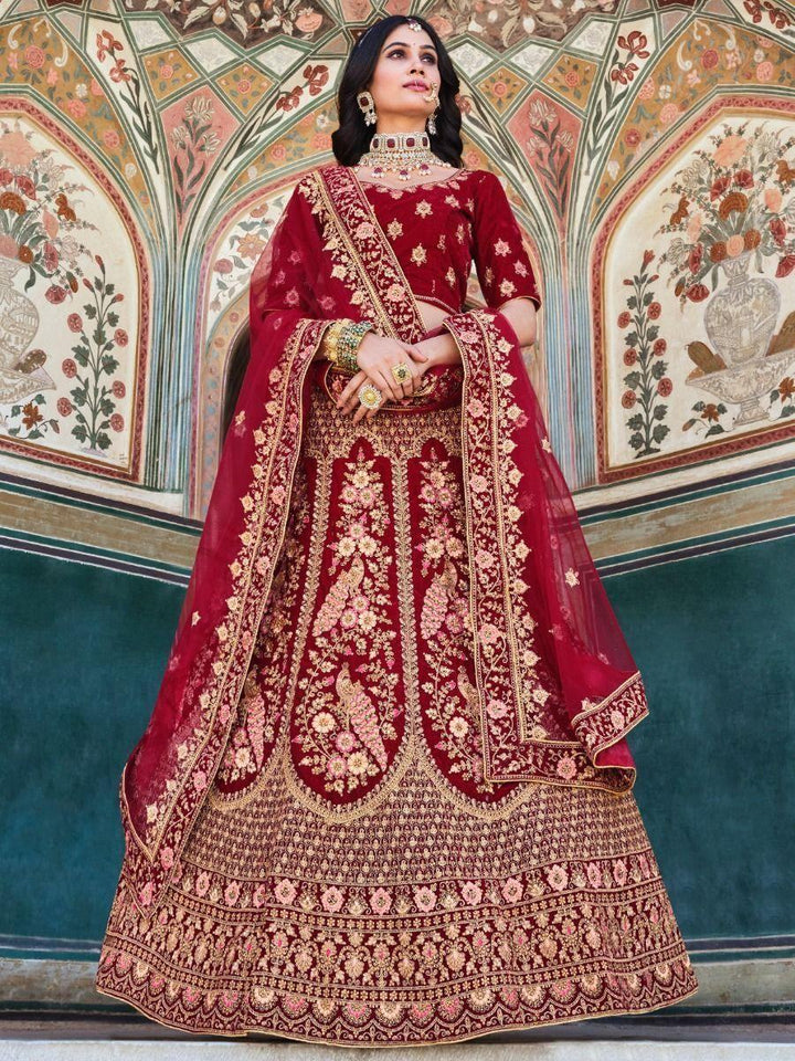 Charming Maroon Zarkan Work Velvet Bridal Wear Lehenga Choli