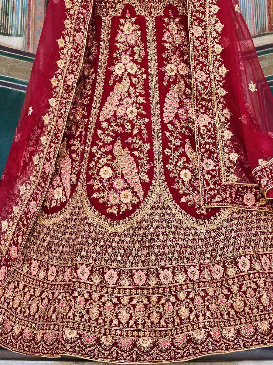 Charming Maroon Zarkan Work Velvet Bridal Wear Lehenga Choli - Zeel Clothing