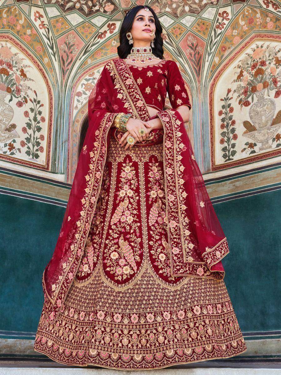 Charming Maroon Zarkan Work Velvet Bridal Wear Lehenga Choli - Zeel Clothing