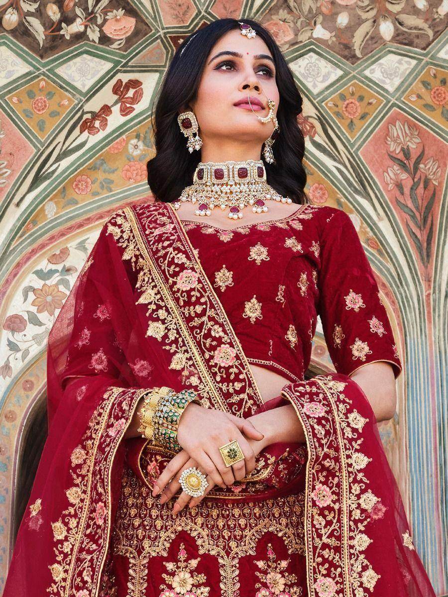 Charming Maroon Zarkan Work Velvet Bridal Wear Lehenga Choli - Zeel Clothing