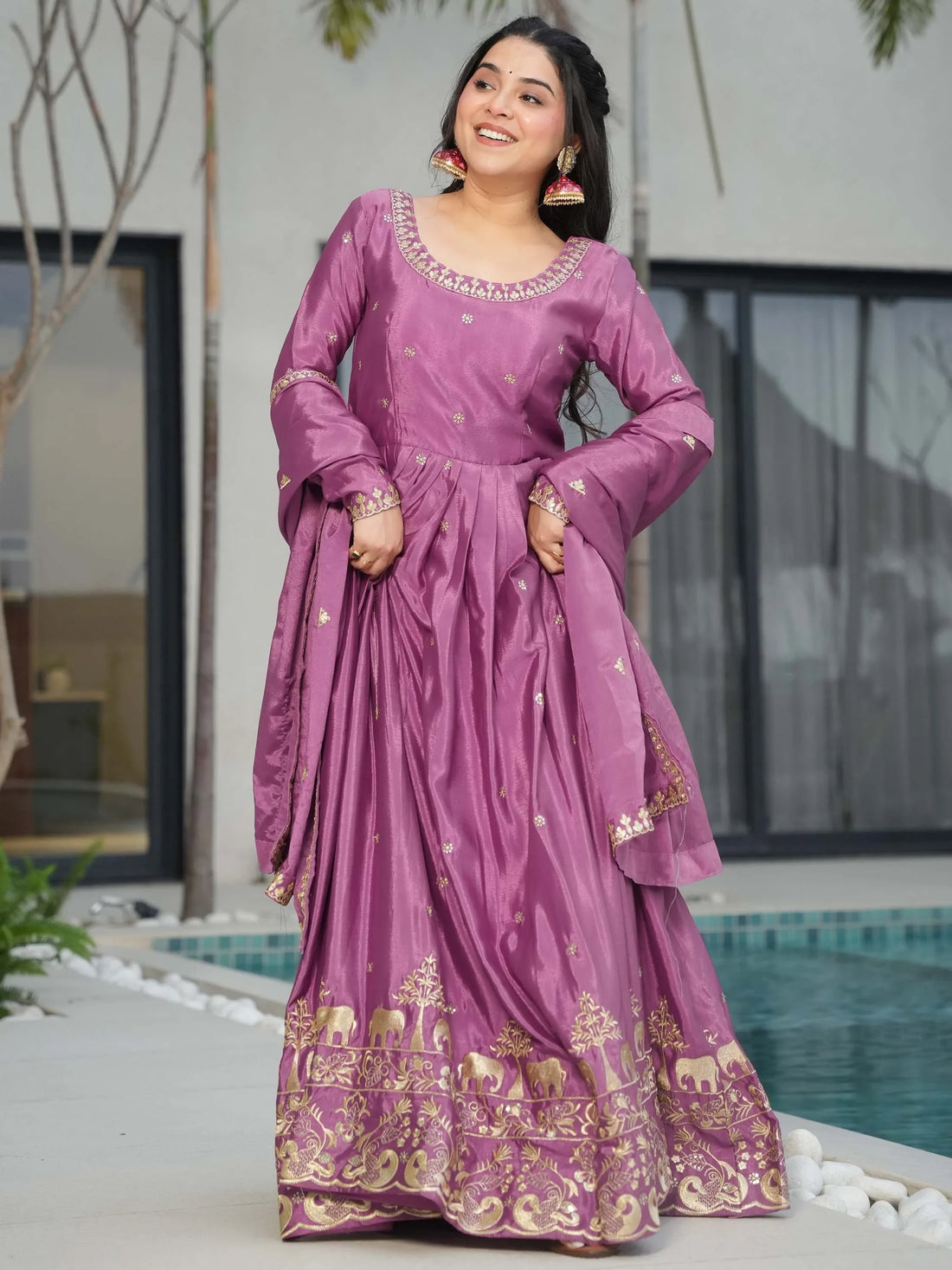 Charming Mauve Zari Work Chinon Traditional Gown With Dupatta - Zeel Clothing