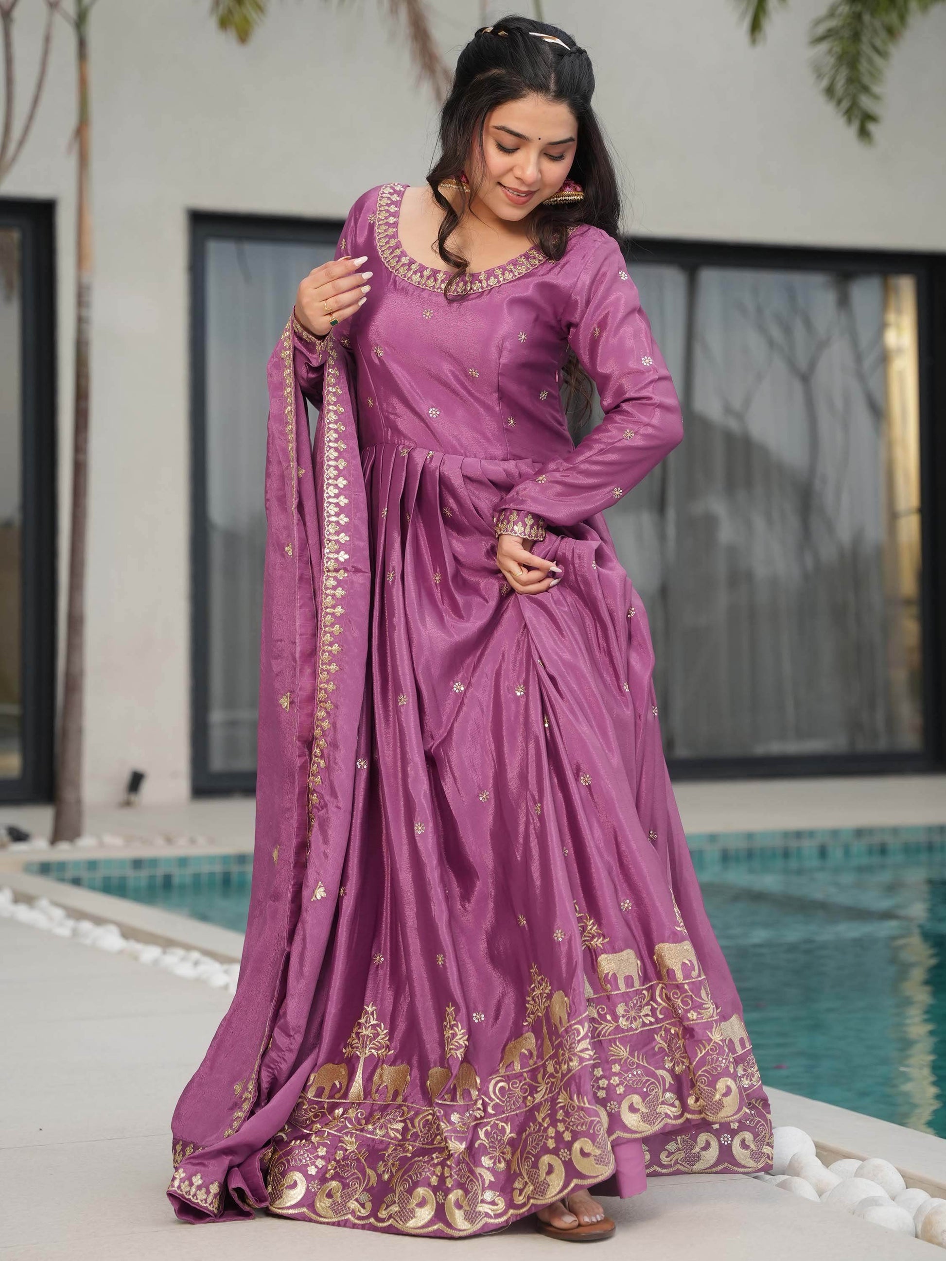 Charming Mauve Zari Work Chinon Traditional Gown With Dupatta - Zeel Clothing