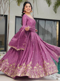 Charming Mauve Zari Work Chinon Traditional Gown With Dupatta - Zeel Clothing