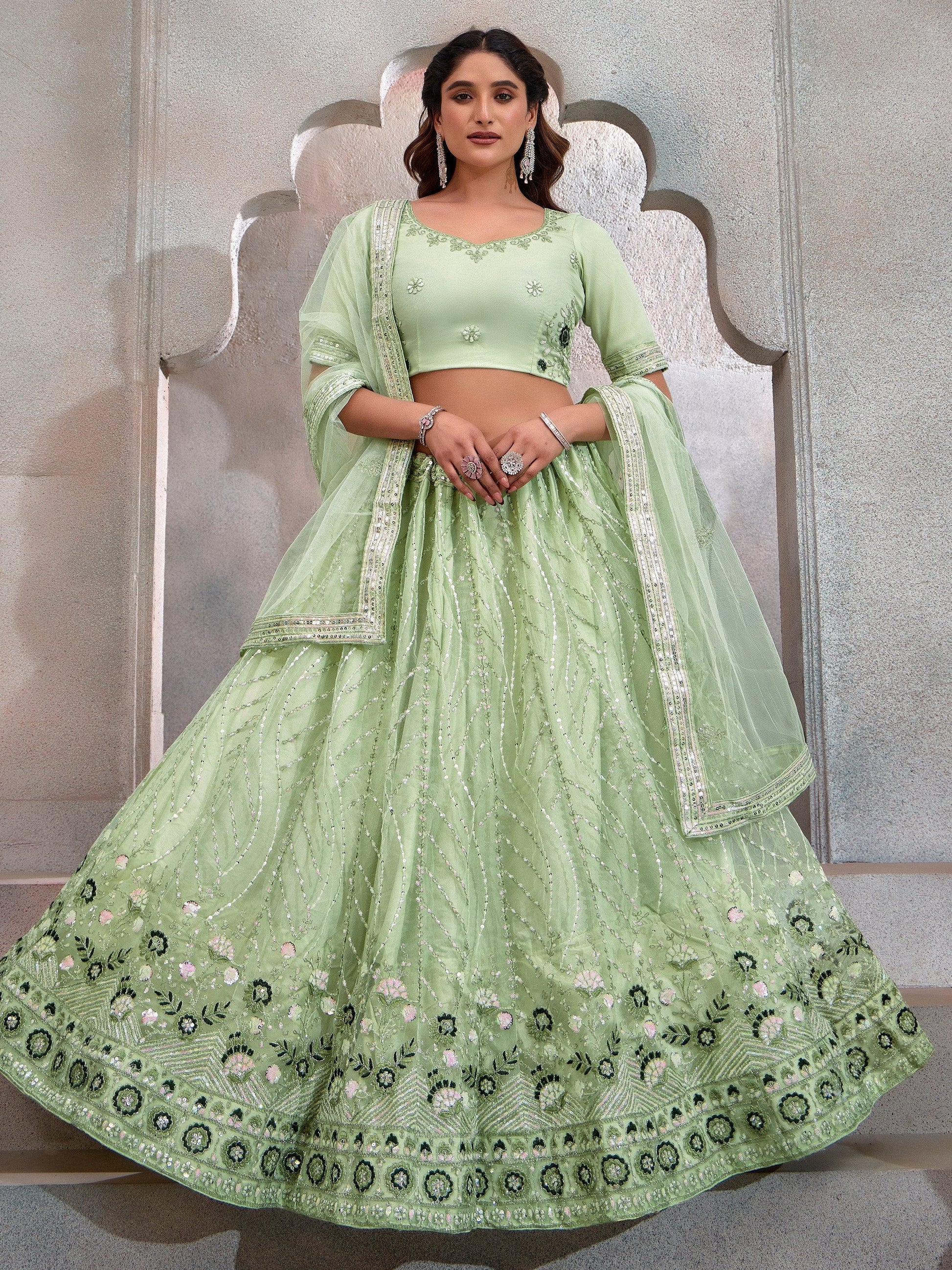 Charming Mint Green Sequins Net Wedding Lehenga Choli With Dupatta - Zeel Clothing