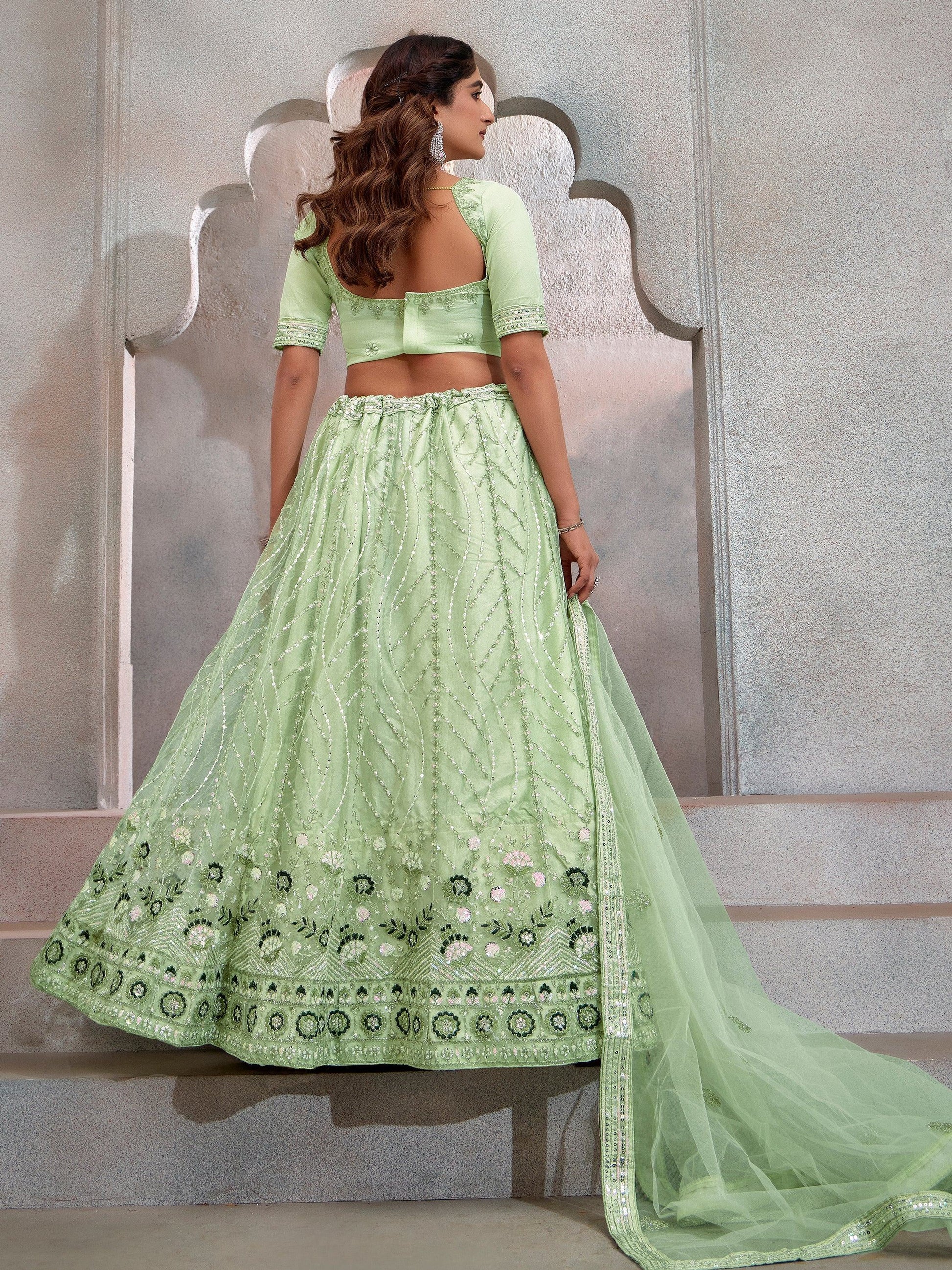 Charming Mint Green Sequins Net Wedding Lehenga Choli With Dupatta - Zeel Clothing