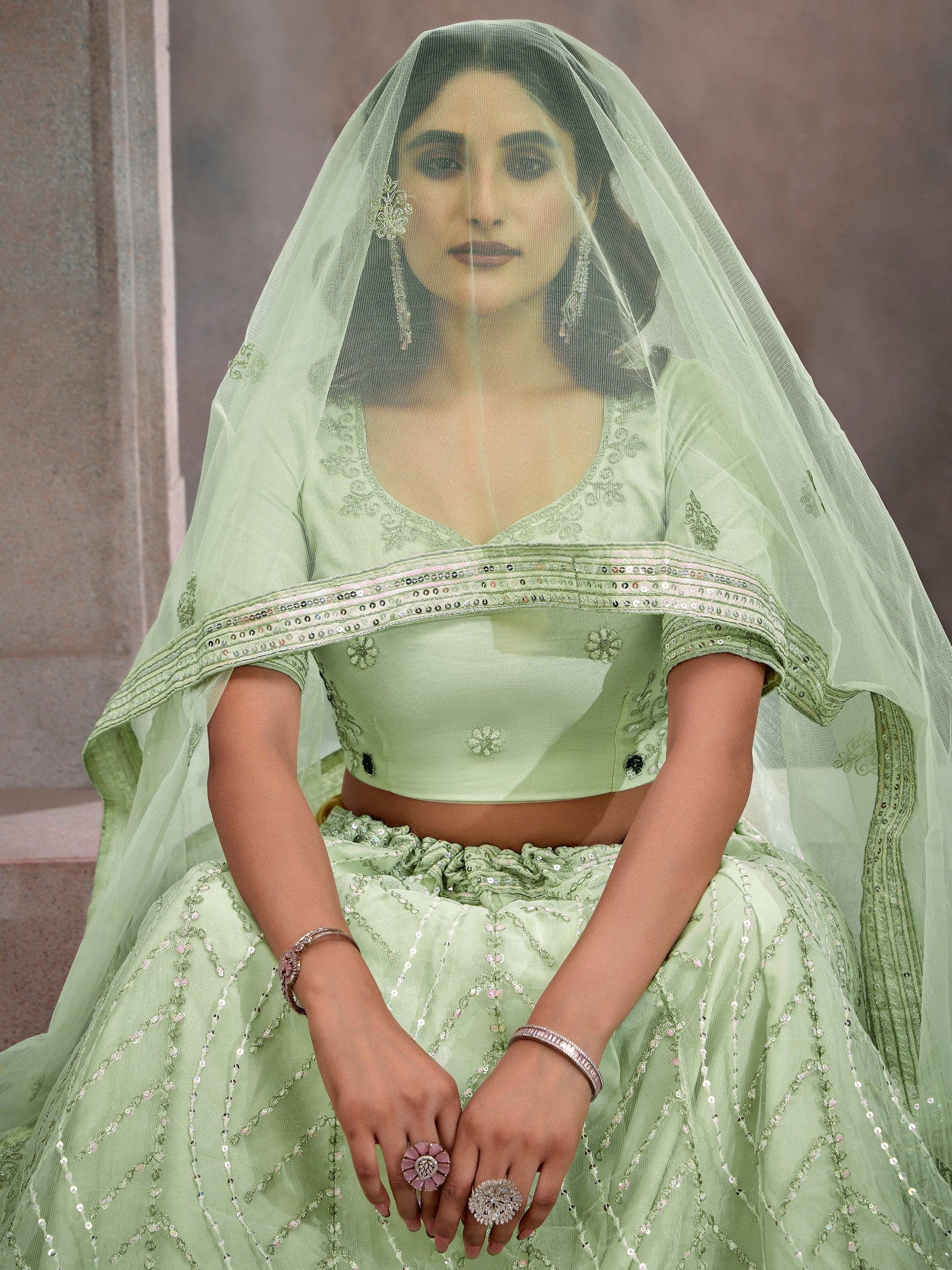 Charming Mint Green Sequins Net Wedding Lehenga Choli With Dupatta - Zeel Clothing