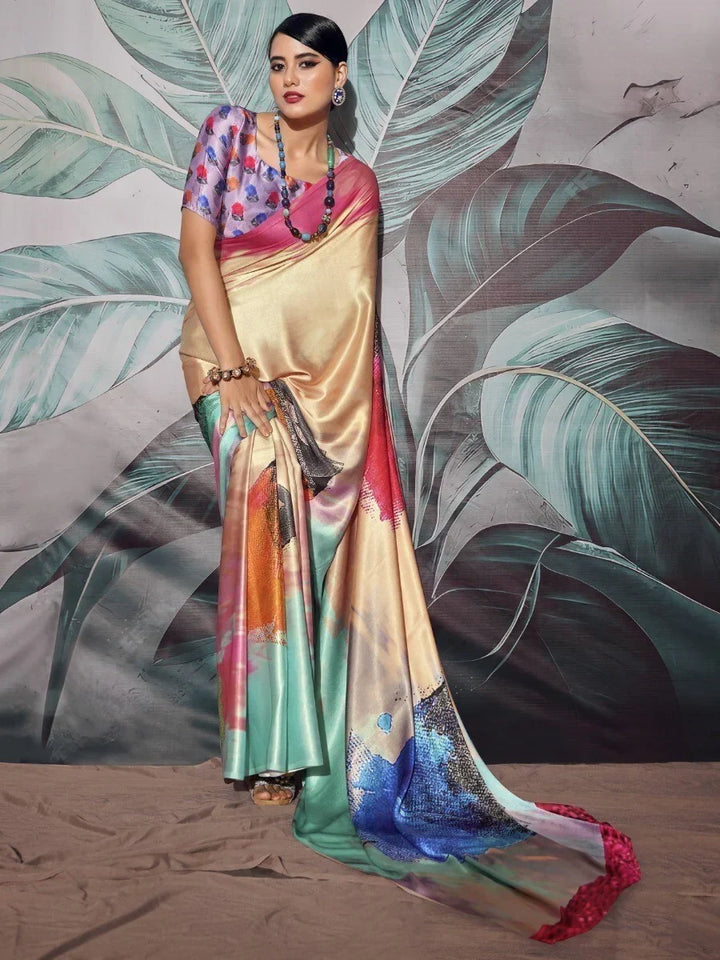 Charming Multi-Color Digital Printed Satin Party Wear Saree