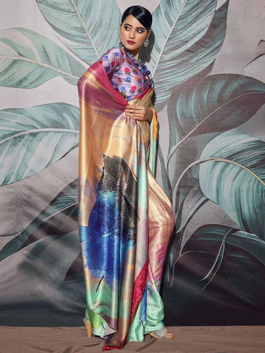 Charming Multi-Color Digital Printed Satin Party Wear Saree