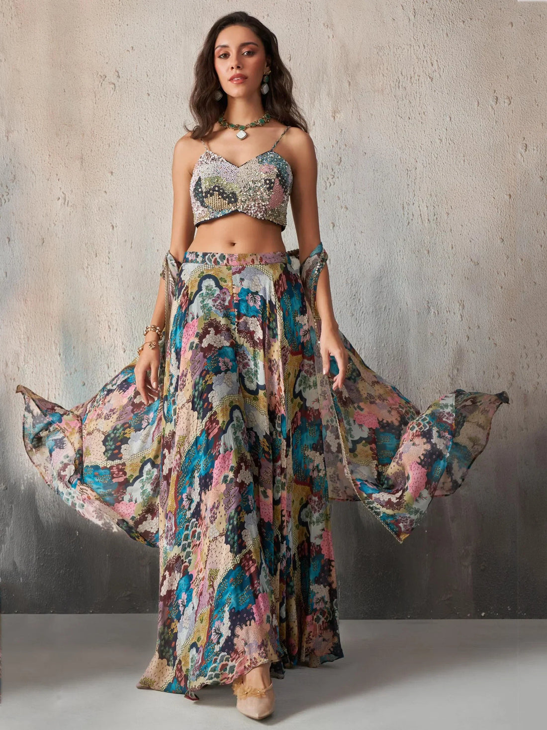 Charming Multi-Color Printed Chinon Party Wear Palazzo With Top - Zeel Clothing
