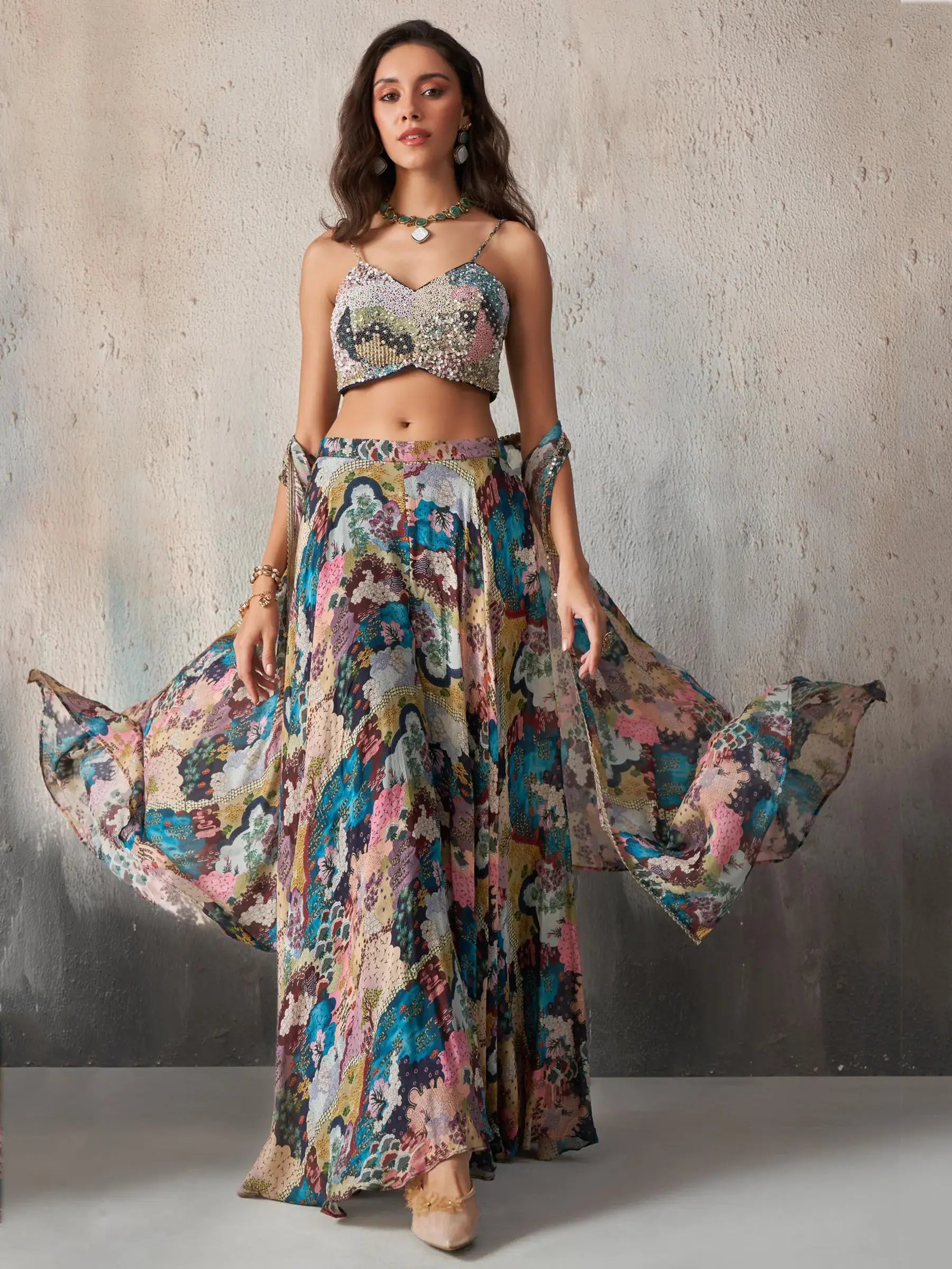 Charming Multi-Color Printed Chinon Party Wear Palazzo With Top - Zeel Clothing