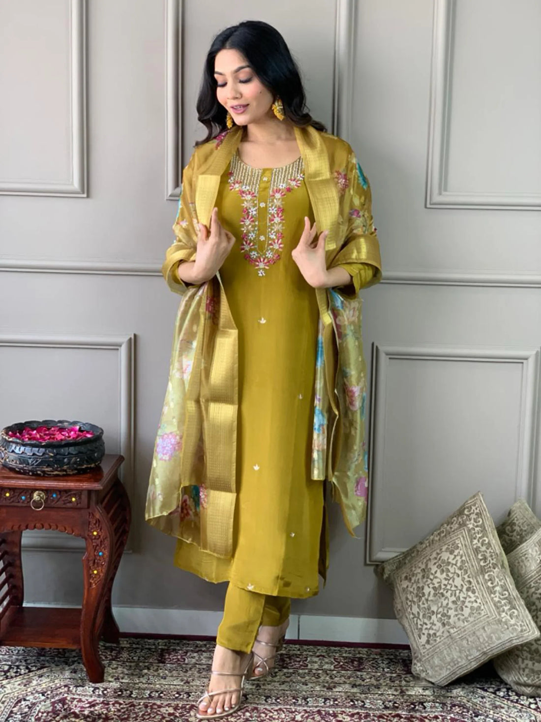 Charming Mustard Yellow Embroidered Chanderi Silk Traditional Pant Suit - Zeel Clothing