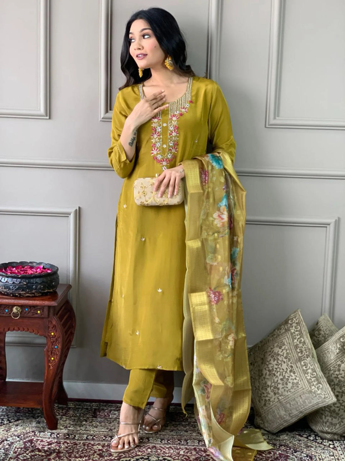 Charming Mustard Yellow Embroidered Chanderi Silk Traditional Pant Suit - Zeel Clothing