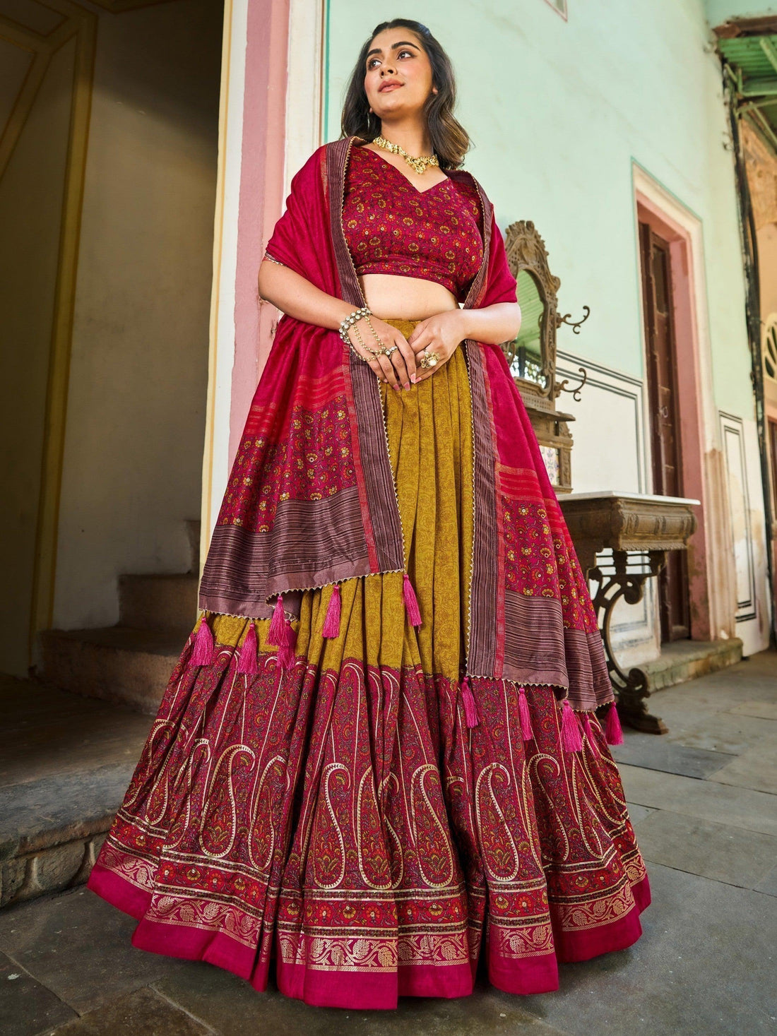 Charming Mustard Yellow Foil Printed Tussar Silk Lehenga Choli