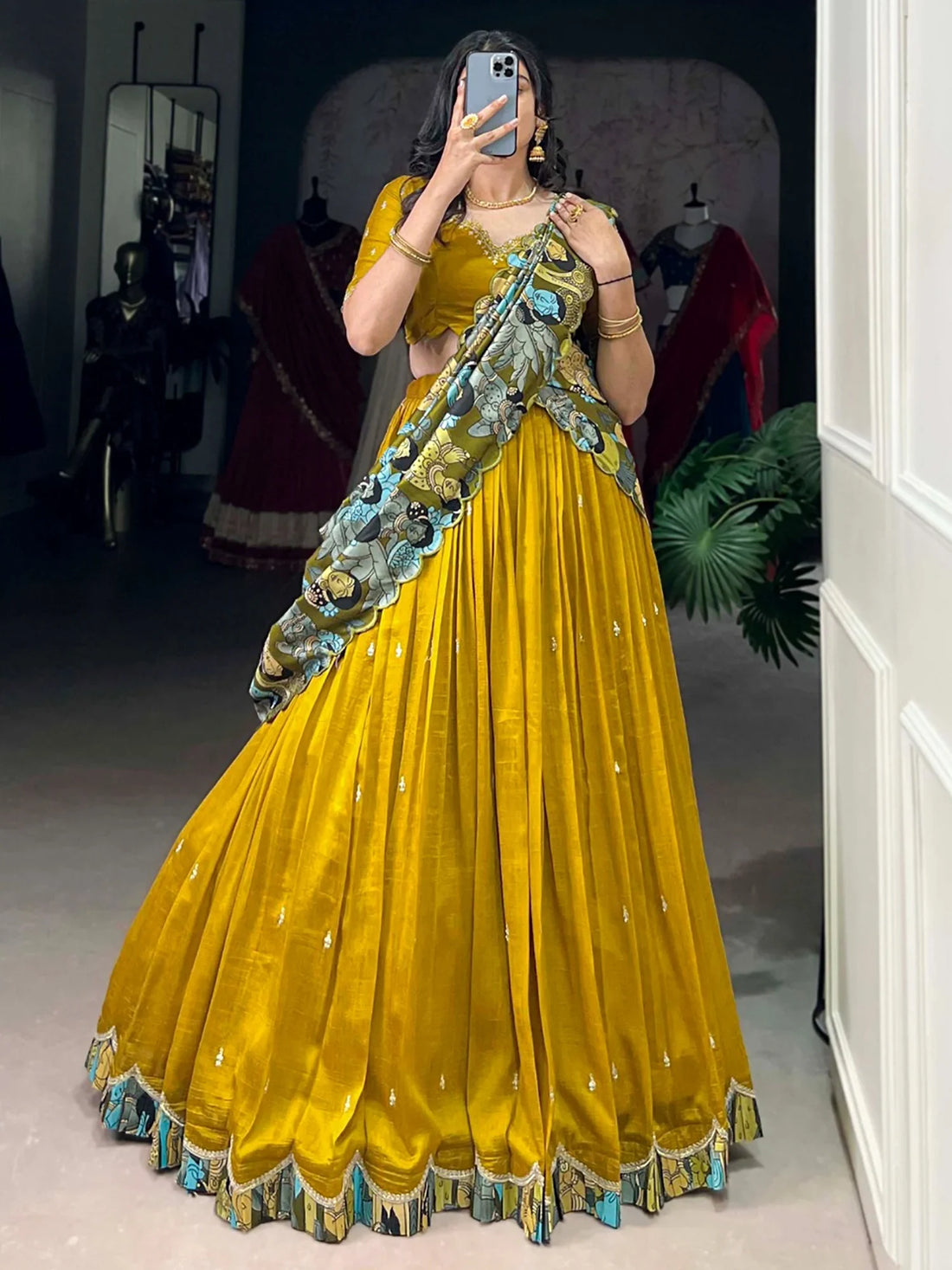Charming Mustard Yellow Printed Bordered Silk Haldi Wear Lehenga Choli With Dupatta