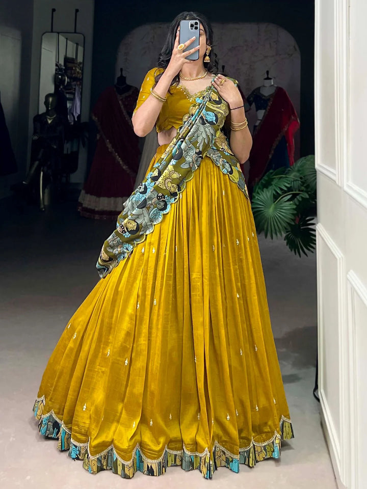 Charming Mustard Yellow Printed Bordered Silk Haldi Wear Lehenga Choli With Dupatta