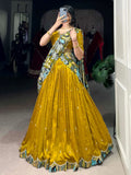 Charming Mustard Yellow Printed Bordered Silk Haldi Wear Lehenga Choli With Dupatta