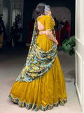 Charming Mustard Yellow Printed Bordered Silk Haldi Wear Lehenga Choli With Dupatta