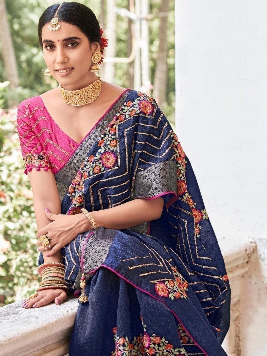 Charming Navy Blue Embroidered Cotton Wedding Wear Saree