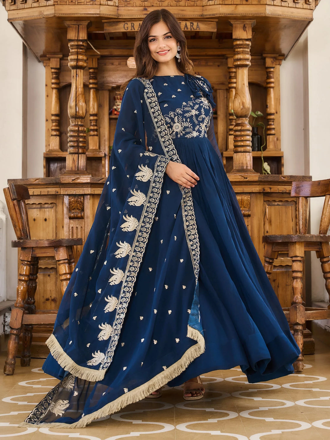 Charming Navy Blue Embroidered Georgette Festival Wear Gown - Zeel Clothing