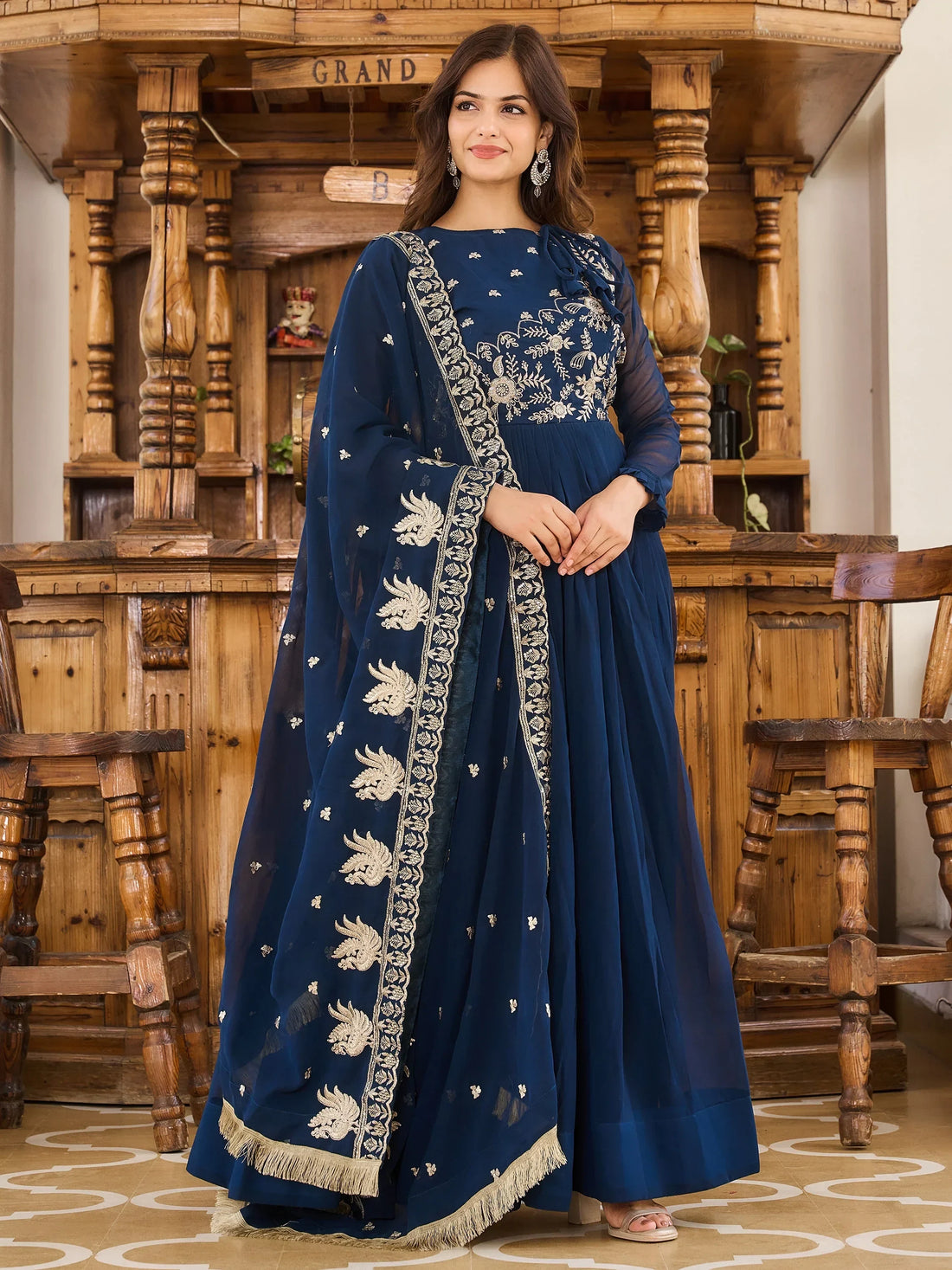 Charming Navy Blue Embroidered Georgette Festival Wear Gown - Zeel Clothing