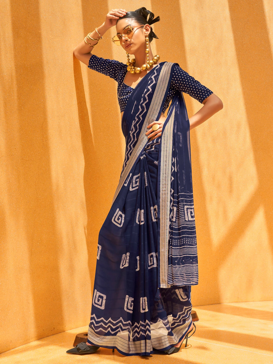 Charming Navy Blue Foil Printed Georgette Event Wear Saree - Zeel Clothing