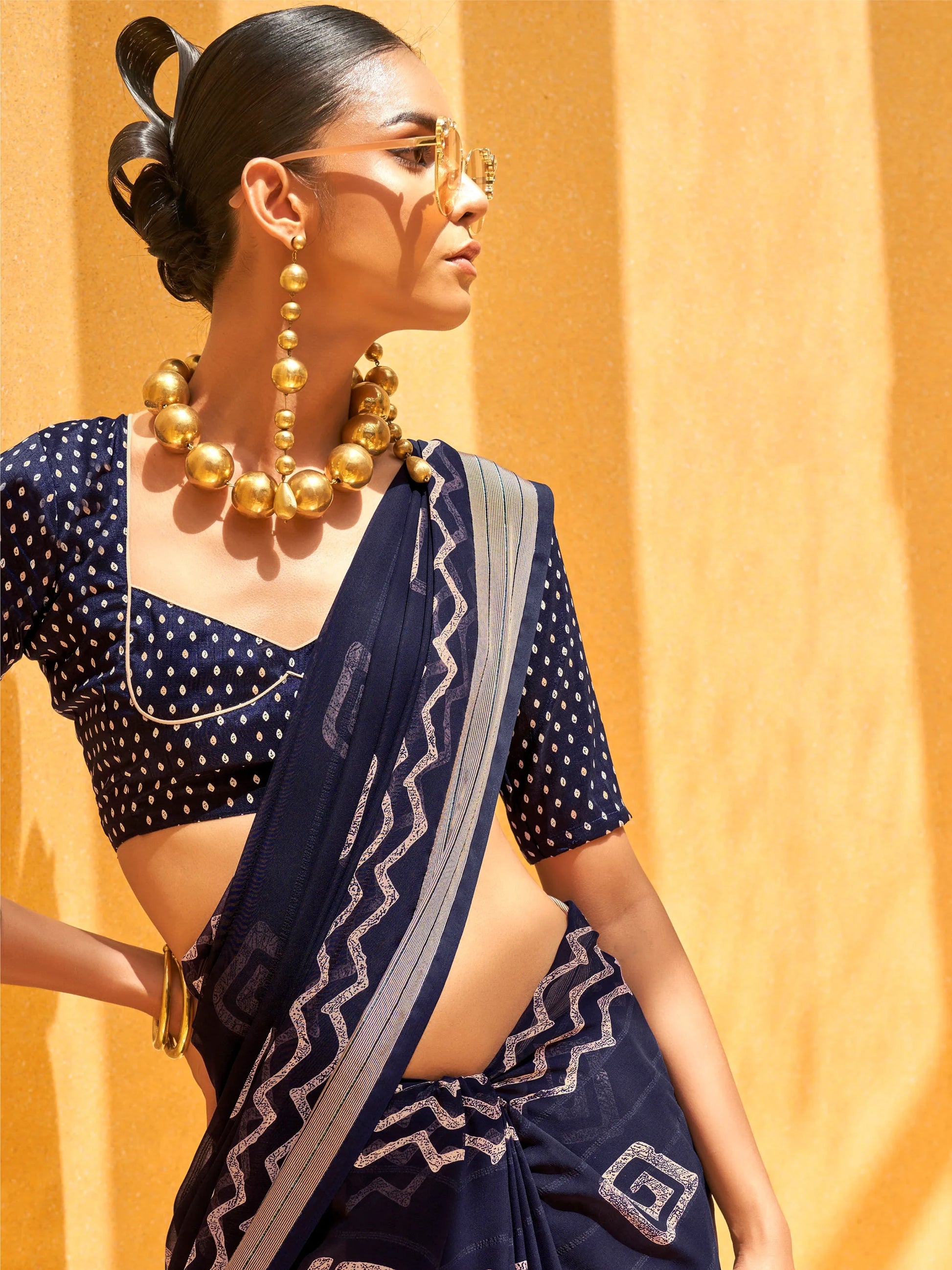 Charming Navy Blue Foil Printed Georgette Event Wear Saree - Zeel Clothing