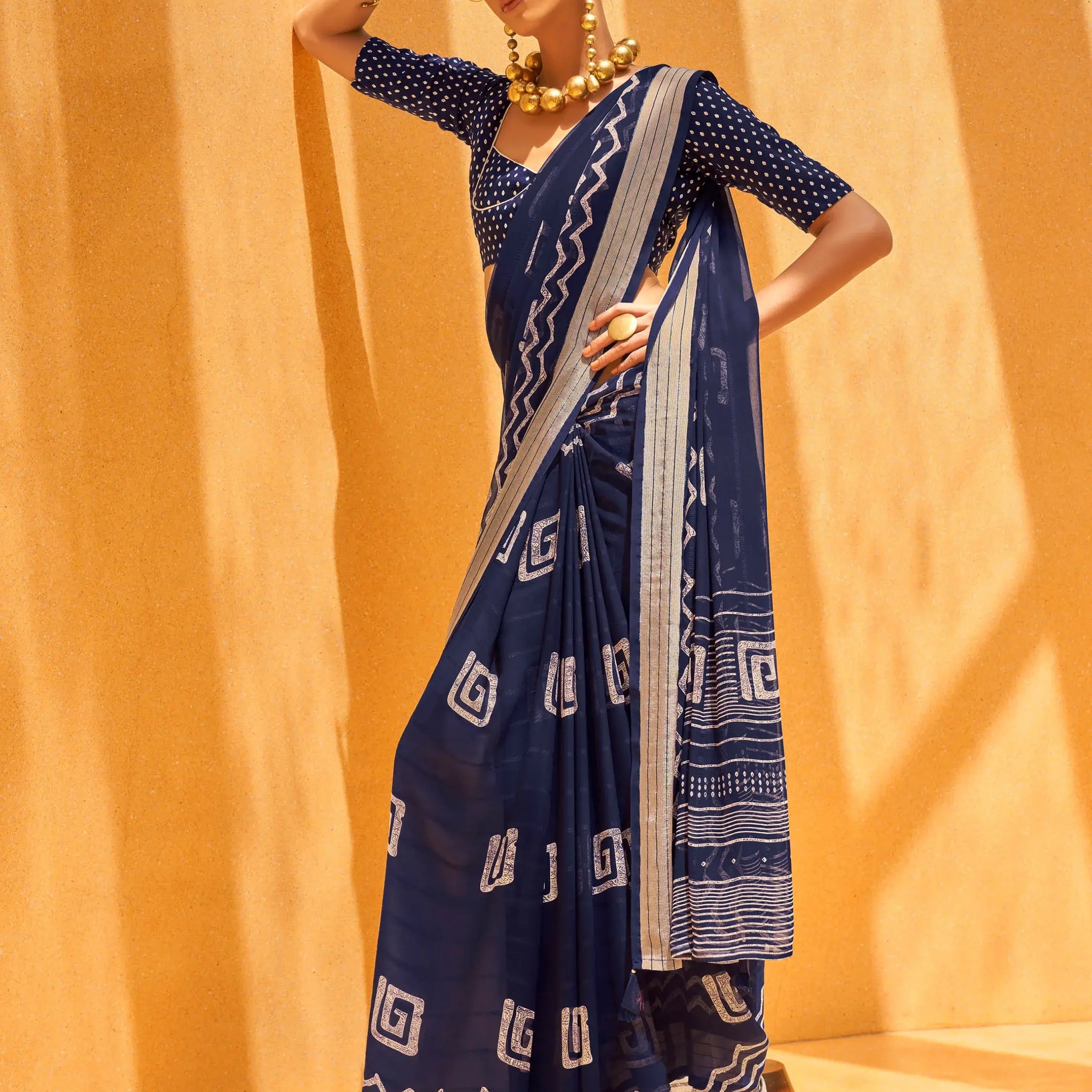 Charming Navy Blue Foil Printed Georgette Event Wear Saree - Zeel Clothing
