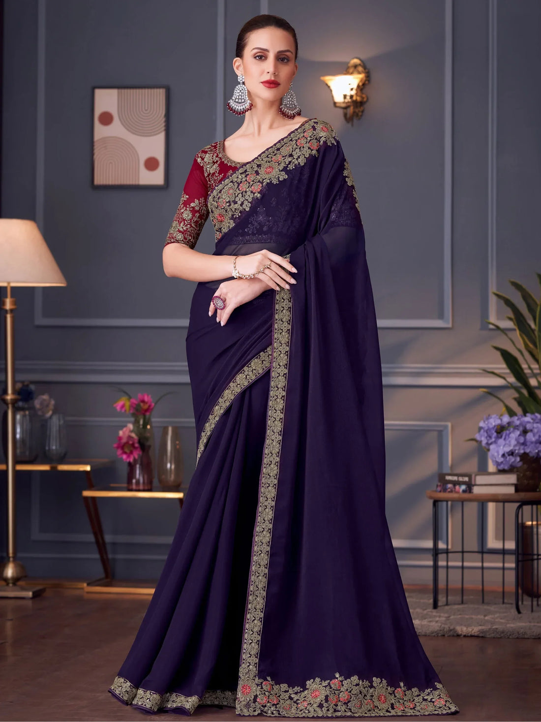 Charming Navy Blue Georgette Engagement Wear Saree With Blouse - Zeel Clothing
