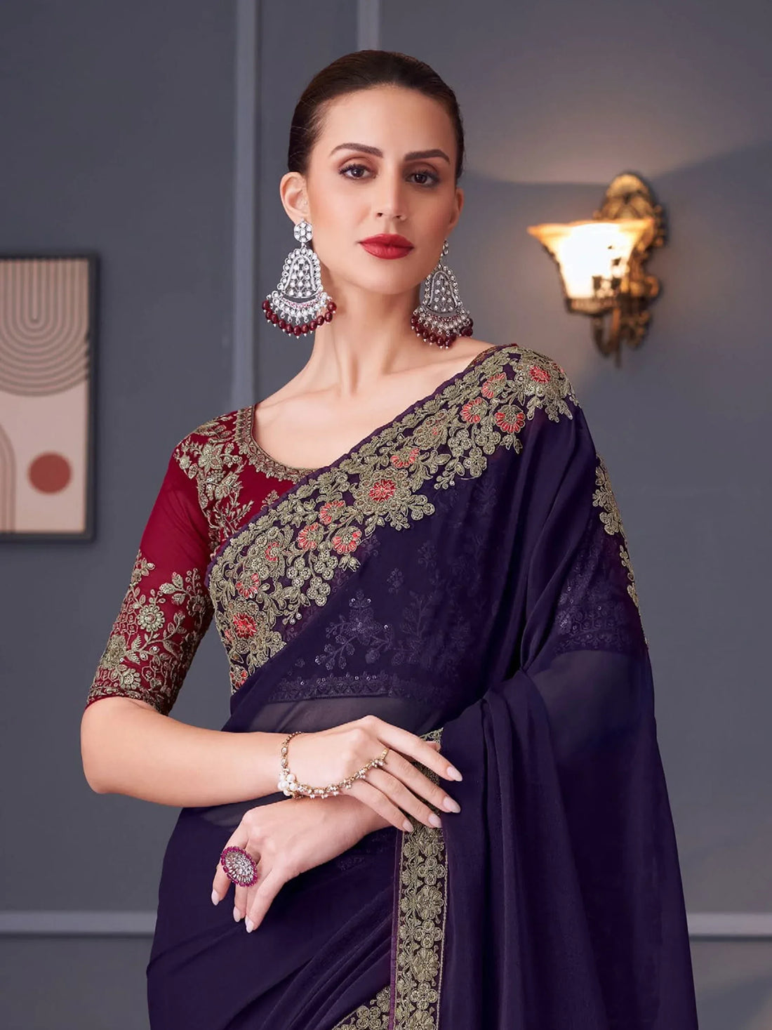 Charming Navy Blue Georgette Engagement Wear Saree With Blouse - Zeel Clothing
