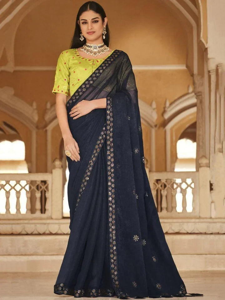 Charming Navy Blue Sequins Chinon Party Wear Saree With Blouse