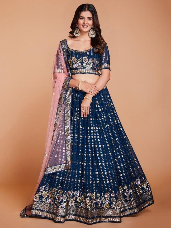 Charming Navy Blue Sequins Georgette Designer Lehenga Choli With Dupatta