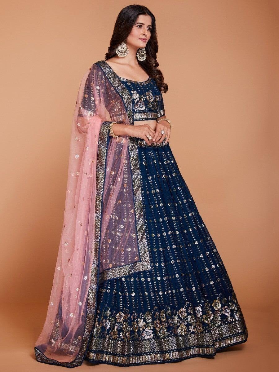 Charming Navy Blue Sequins Georgette Designer Lehenga Choli With Dupatta