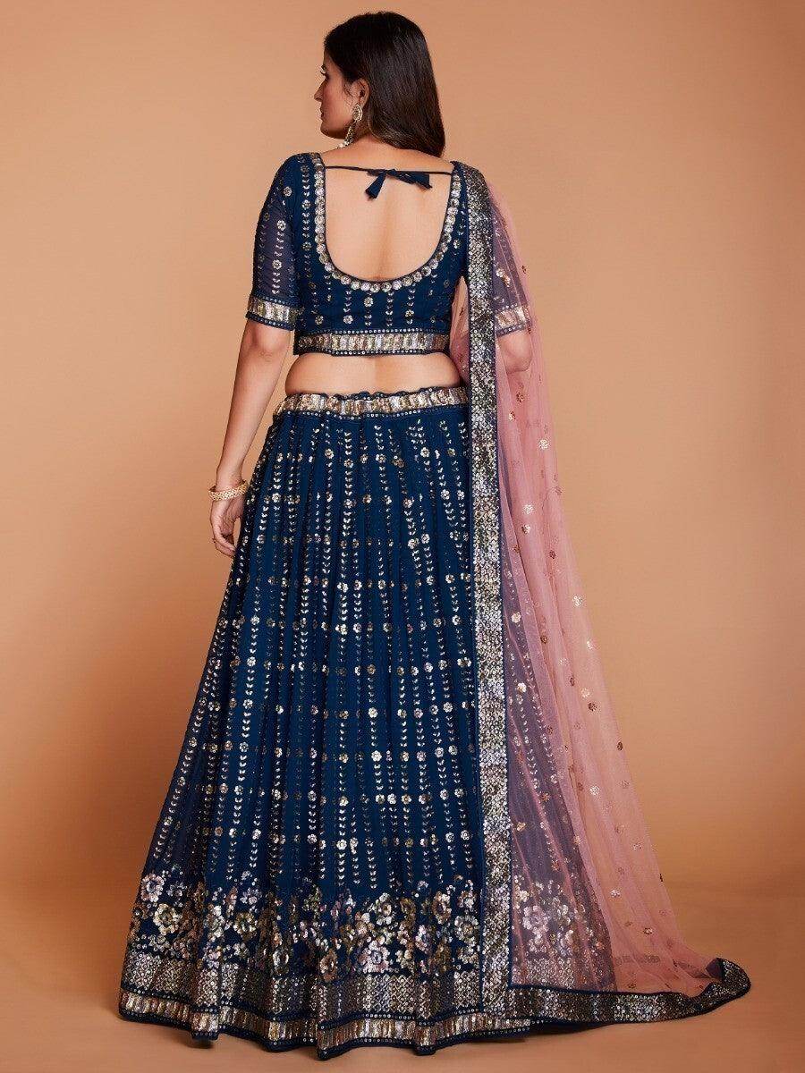 Charming Navy Blue Sequins Georgette Designer Lehenga Choli With Dupatta - Zeel Clothing