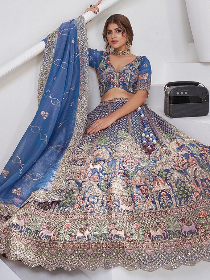 Charming Navy Blue Zari Embroidered Organza Engagement Wear Lehenga Choli