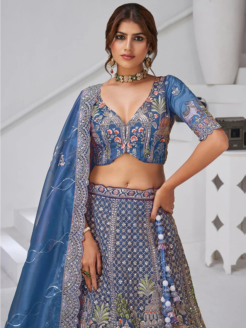 Charming Navy Blue Zari Embroidered Organza Engagement Wear Lehenga Choli