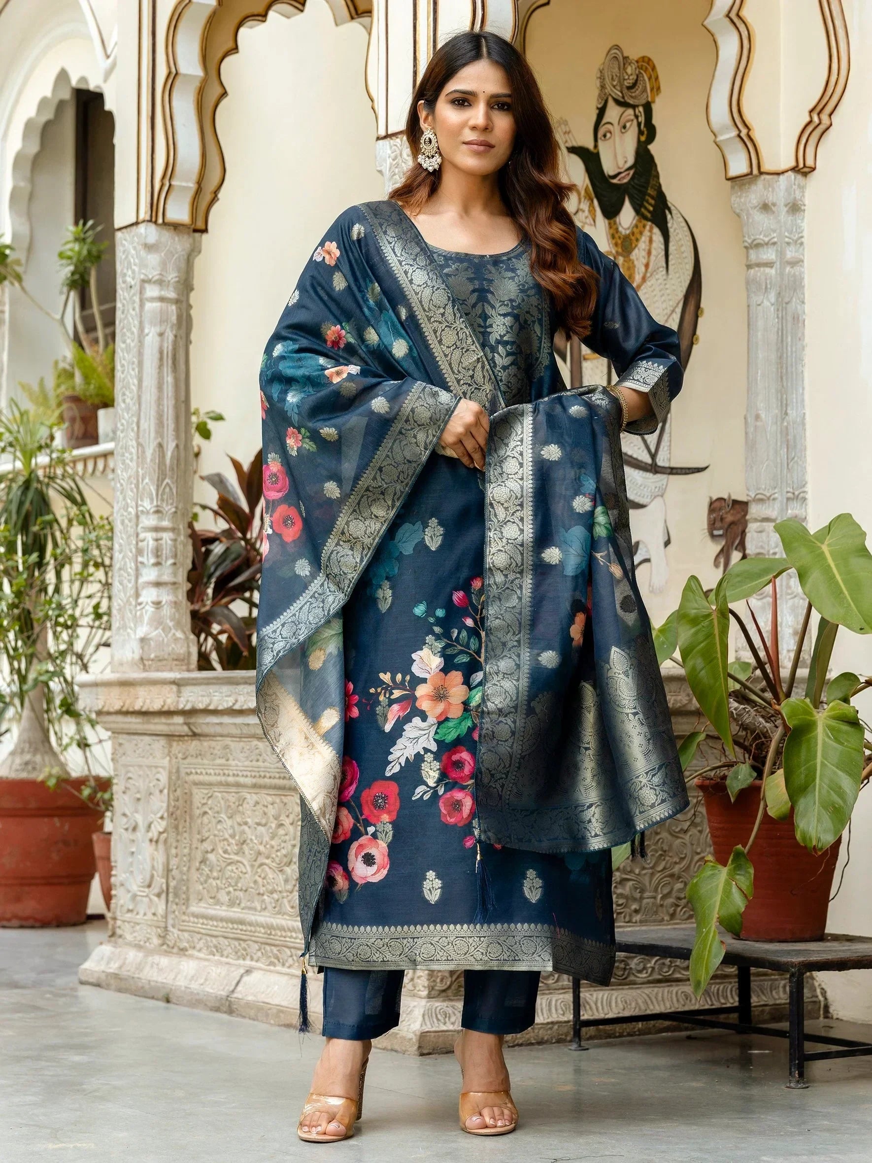 Charming Navy Blue Zari Weaving Chanderi Silk Wedding Wear Pant Suit - Zeel Clothing