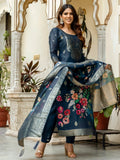 Charming Navy Blue Zari Weaving Chanderi Silk Wedding Wear Pant Suit - Zeel Clothing