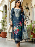 Charming Navy Blue Zari Weaving Chanderi Silk Wedding Wear Pant Suit - Zeel Clothing