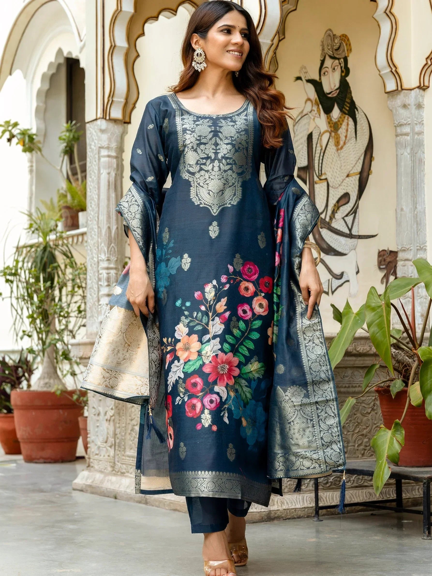 Charming Navy Blue Zari Weaving Chanderi Silk Wedding Wear Pant Suit - Zeel Clothing