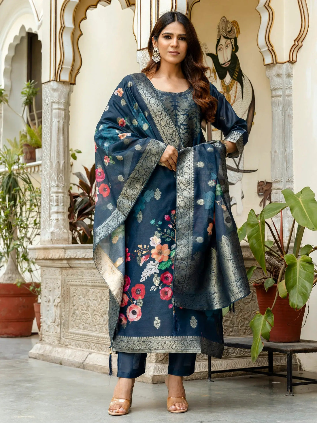 Charming Navy Blue Zari Weaving Chanderi Silk Wedding Wear Pant Suit - Zeel Clothing
