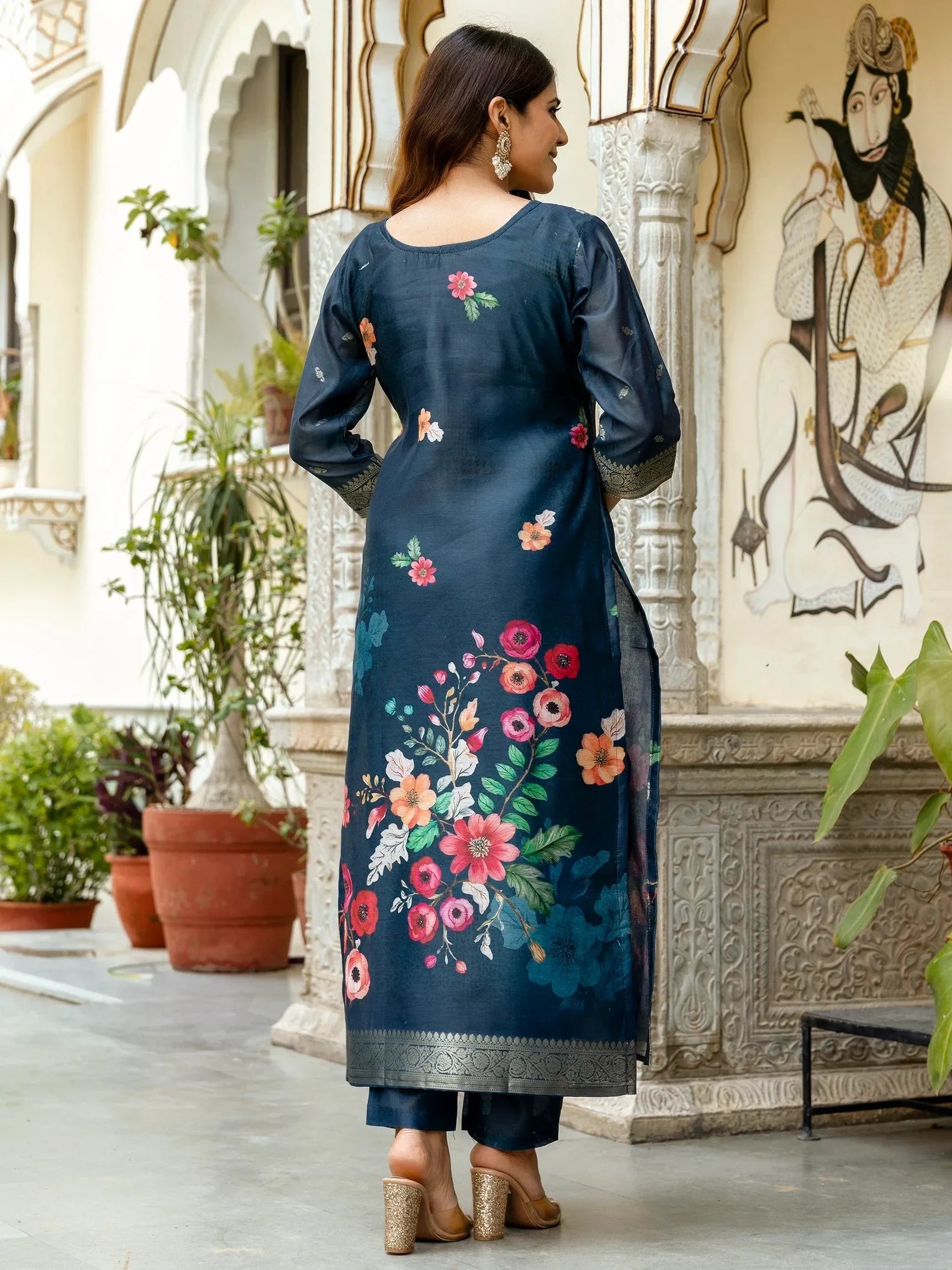 Charming Navy Blue Zari Weaving Chanderi Silk Wedding Wear Pant Suit - Zeel Clothing