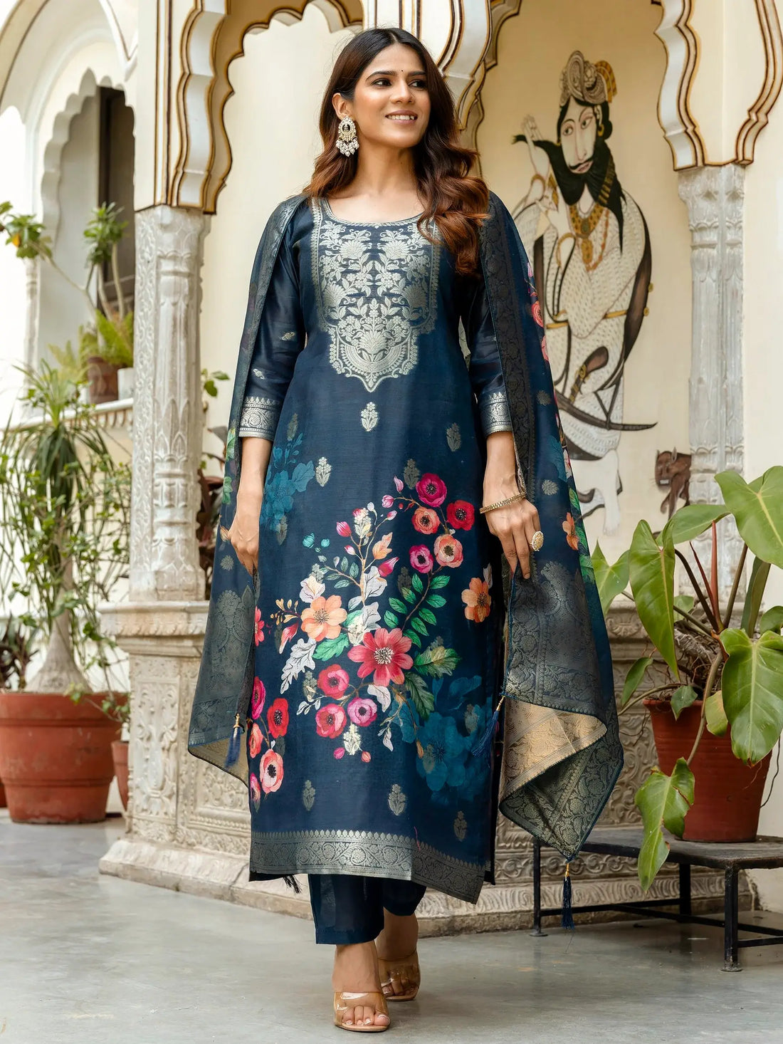 Charming Navy Blue Zari Weaving Chanderi Silk Wedding Wear Pant Suit - Zeel Clothing