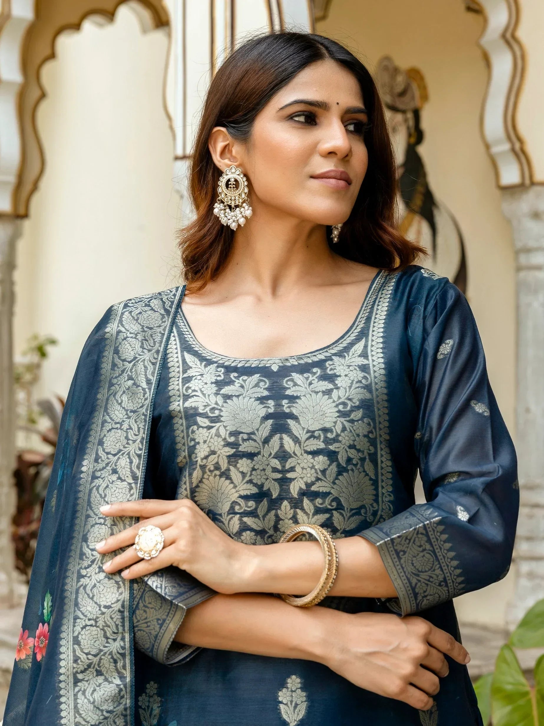 Charming Navy Blue Zari Weaving Chanderi Silk Wedding Wear Pant Suit - Zeel Clothing