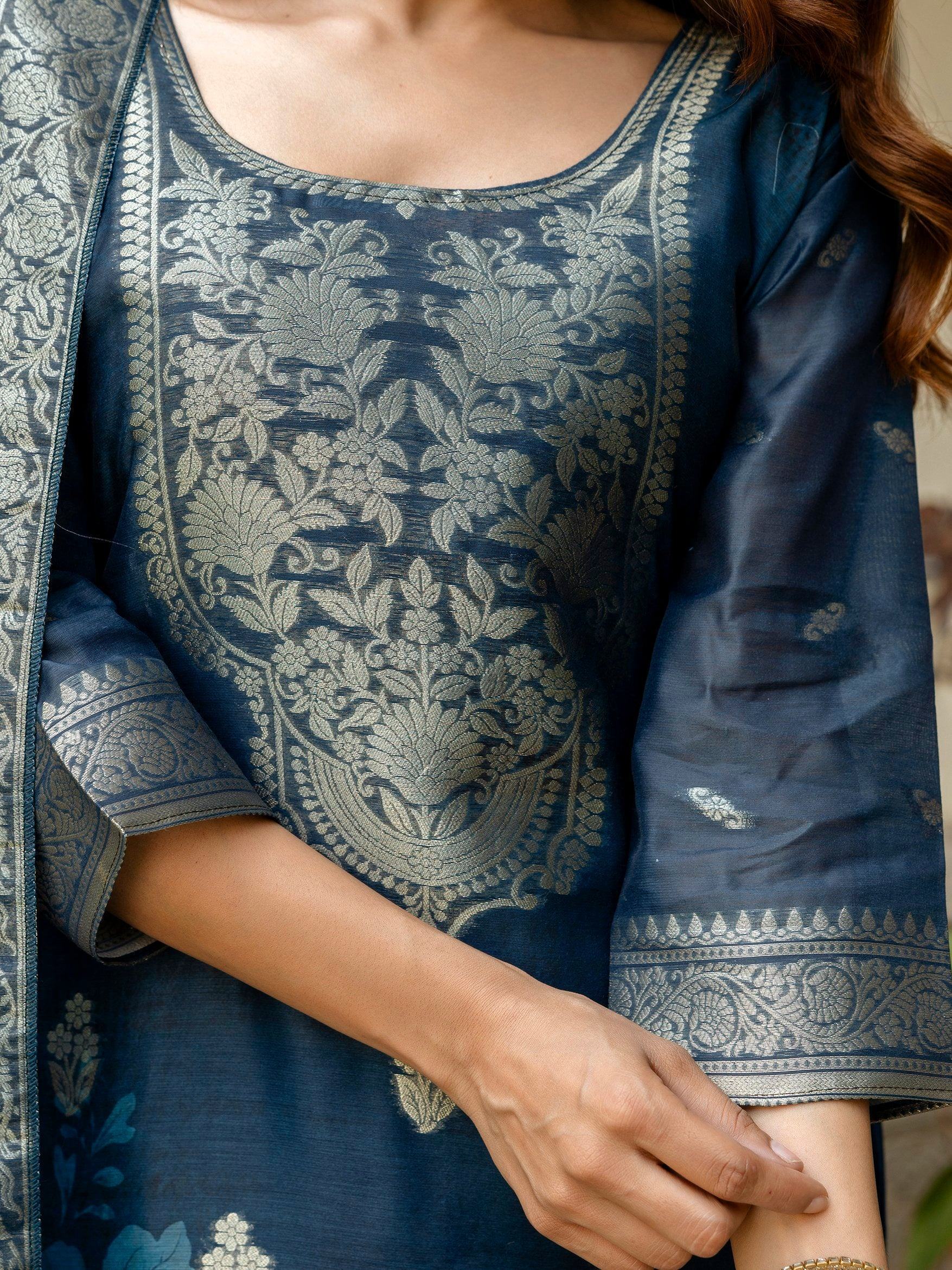 Charming Navy Blue Zari Weaving Chanderi Silk Wedding Wear Pant Suit - Zeel Clothing